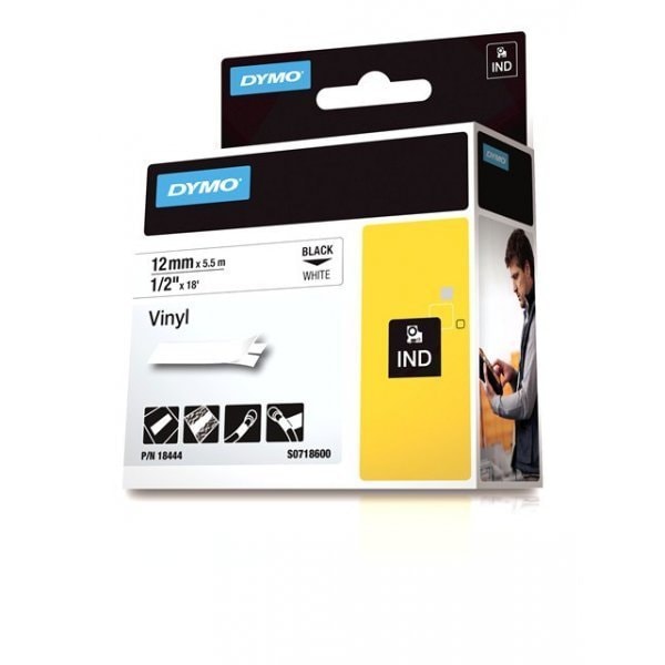 Dymo Rhino Industrial - vinyltape 12 mm x 5,5 m, sort på hvid baggrund