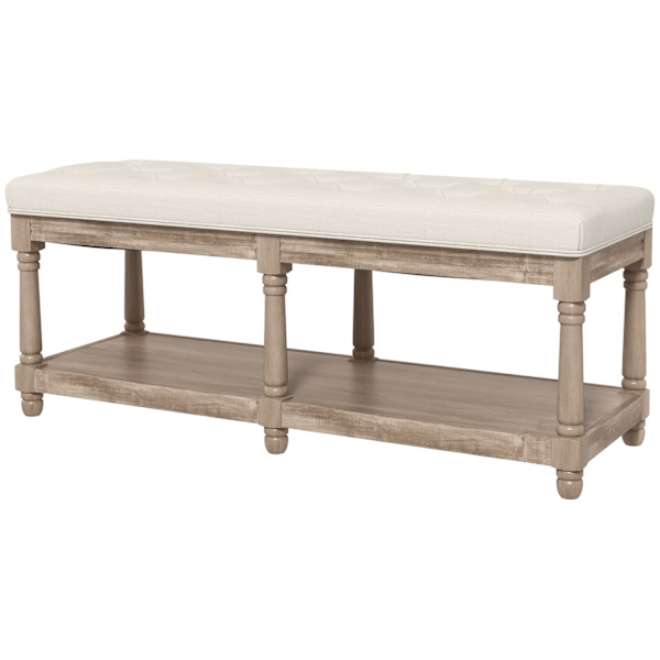 Skobænk Sæde Skostativ Opbevaringsplads Polstret Linnedlook Træben Stue Gang Creme 115X40X48Cm