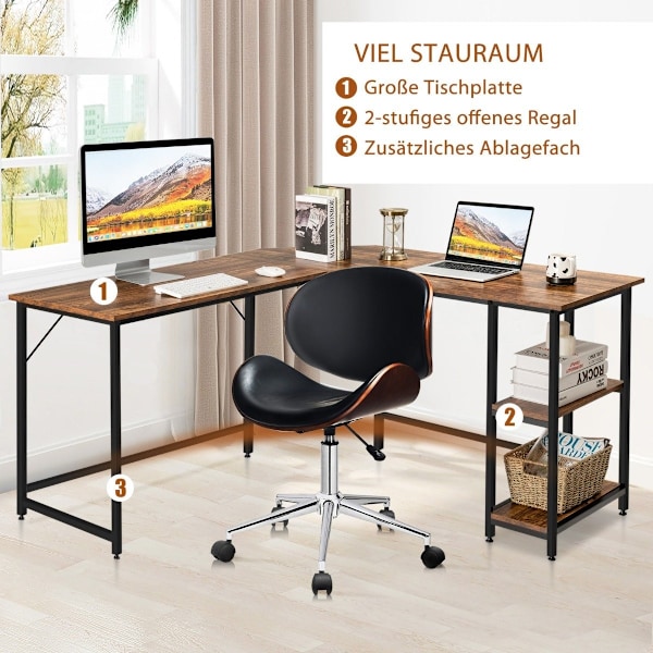 L-format skrivbord hemmakontor med 2 hyllplan 138 x 138 x 75,5 cm kaffebrun + svart