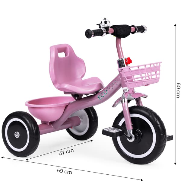 Trehjuling med halkfria grepp, klocka, korg, rosa, ECOTOYS