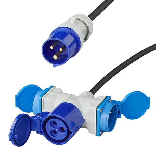 Adapterkabel 150cm 3x2,5mm² fra CEE-stik til 2xSchuko + 1xCEE-stik