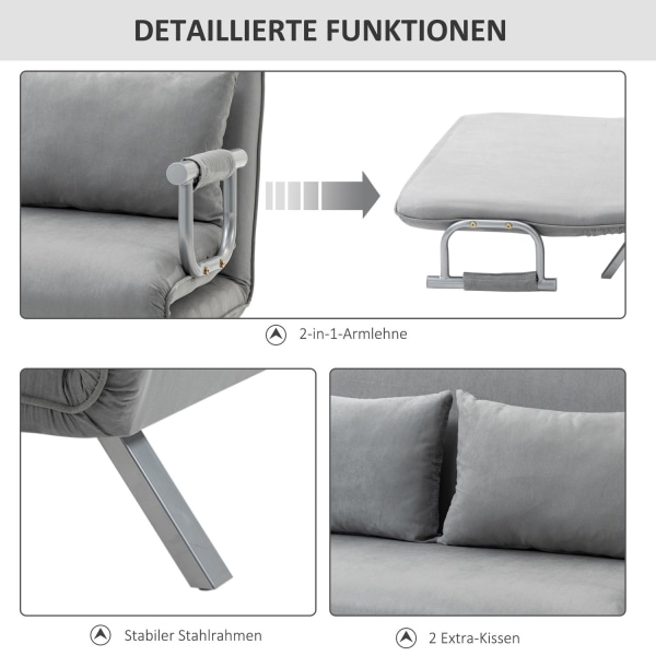 Sovesofa To-Personers Seng Funktion & Hynder, Justerbar Sofa, Op Til 150 Kg, Lysegrå