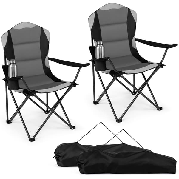 Hopfällbara campingstolar med mugghållare, svarta – 2-pack