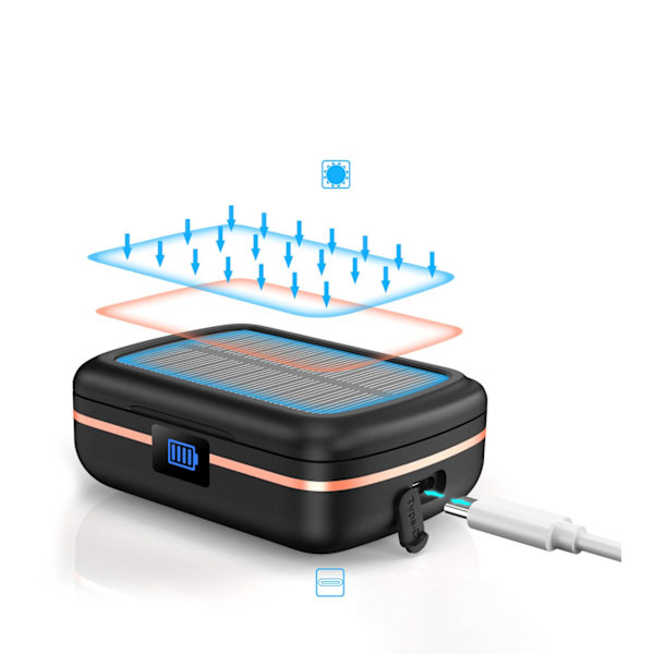 Vedenpitävät langattomat TWS-kuulokkeet aurinkolaturilla ja 2500mAh virtapankilla, musta