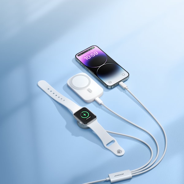 3in1-kabel USB-A-kabel med induktiv laddare + 1x iPhone Lightning + 1x USB-C 1,2 m vit