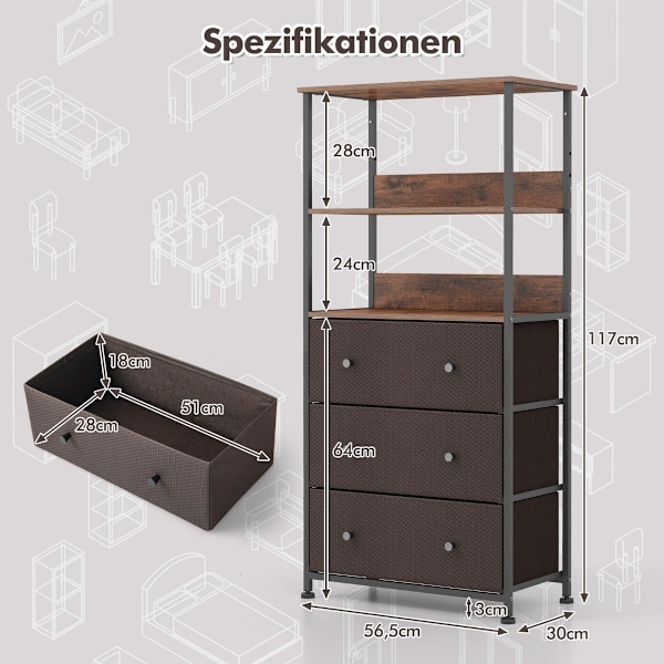 Reol med 3 skuffer & åbne hylder kommode skab 56,5 x 20 x 117cm