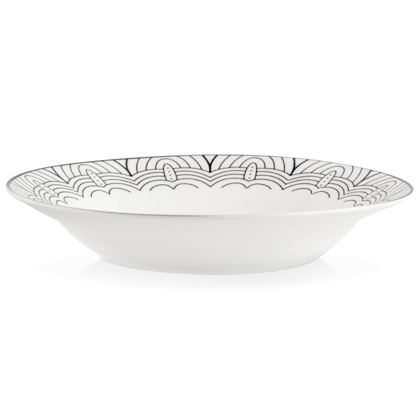 Elegant vit porslinstallrik med svart dekor, tål diskmaskin