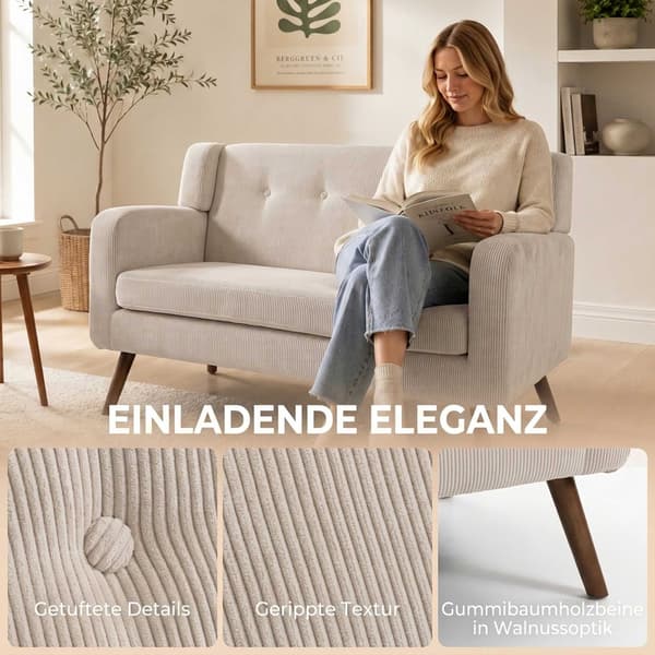 2-sits soffa i sladd, knappklädd, träben, beige