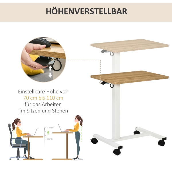 Ståbord, Højdejusterbart Med Hjul, C-Formet, Pladsbesparende, Bærbart Bord, Natur + Hvid, 70-110 Cm, Op Til 70 Kg