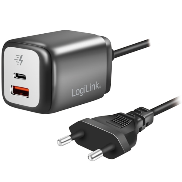 USB-laddare 1xUSB-A + 1xUSB-C med fast kabel 1,5m GaN 30W