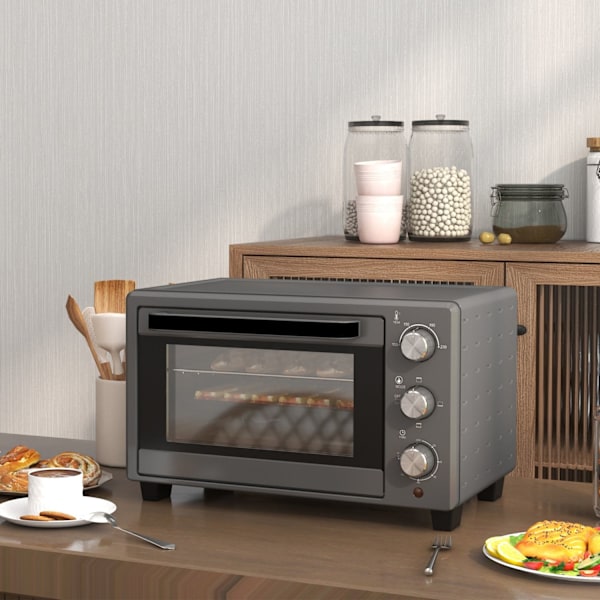 Miniugn 21L 1400W 60 min Timer, liten ugn med 100°C-230°C justerbar temperatur tillagningstid, miniugn med bakplåt, galler, bordsugn av rostfritt stål