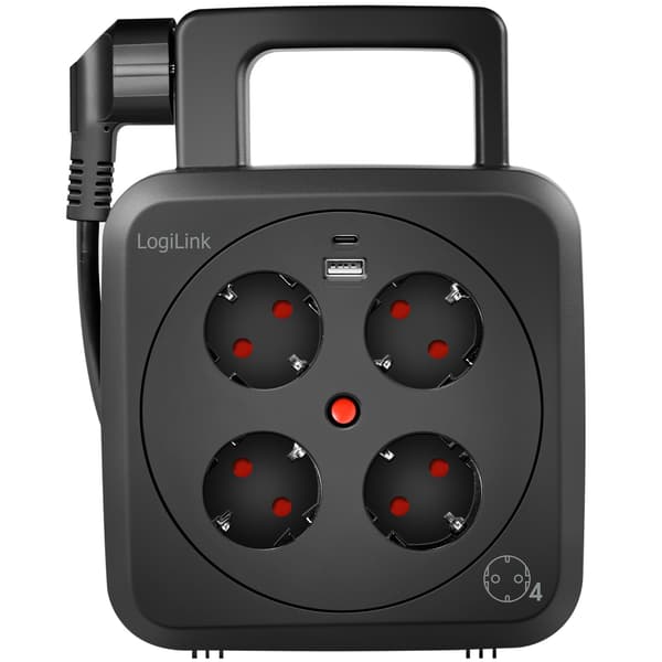 Kabeltromle 5 meter 4 jordede stik + USB-A/USB-C 20W IP20