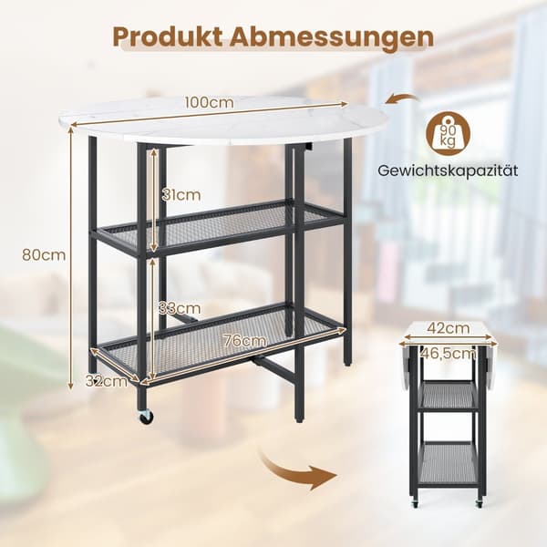 Sammenklappeligt spisebord, marmorlook, sæder 2-4, mobil