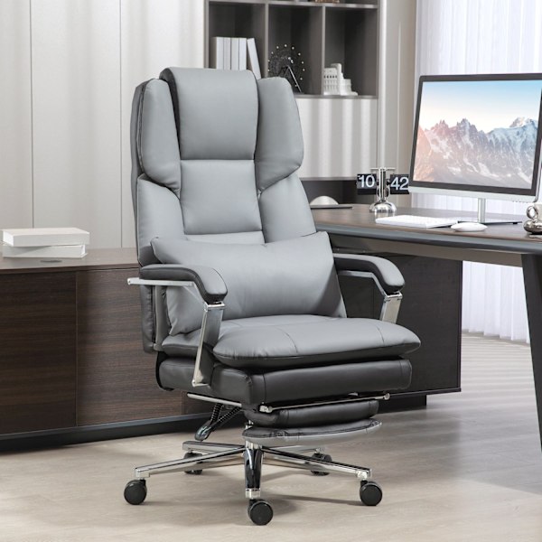 Kontorstol med vippefunktion, bæreevne 180 kg, ergonomisk, 160° vippelig ryglæn, imiteret læder, 63W x 71D x 123-129H cm, lysegrå