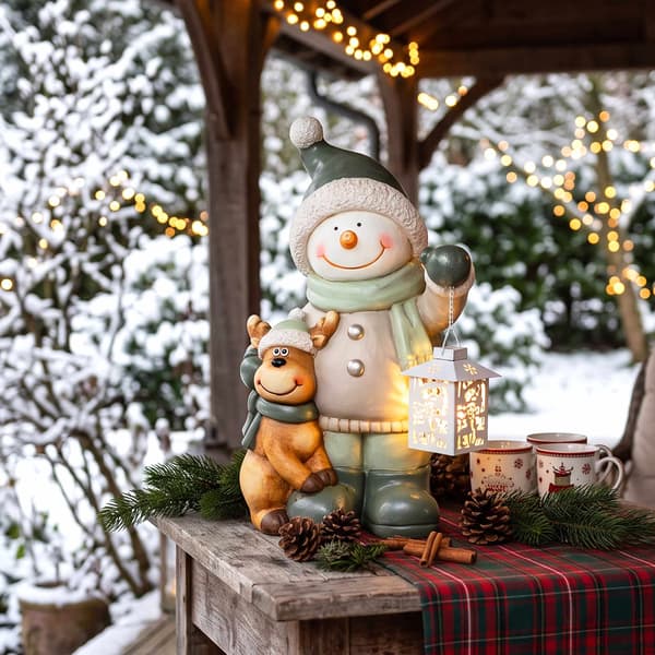 Snögubbefigur 43 cm med LED-lykta och timer