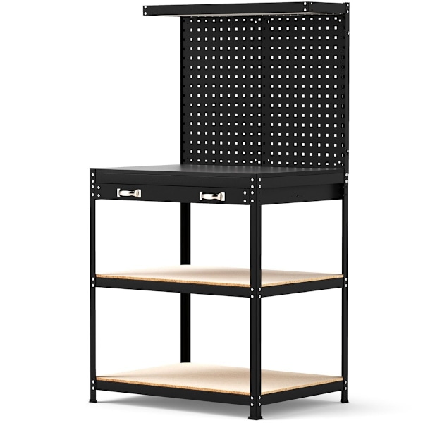 Arbejdsbord 81 x 41 cm 225 kg bæreevne arbejdsbord med perforeret væg &amp; Skuffer &amp; sorte hylder