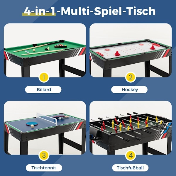 4 in 1 -monipelipöytä, jossa on pöytäjalkapallo, biljardi, ilmakiekko ja pöytätennis arcade-pelisetti