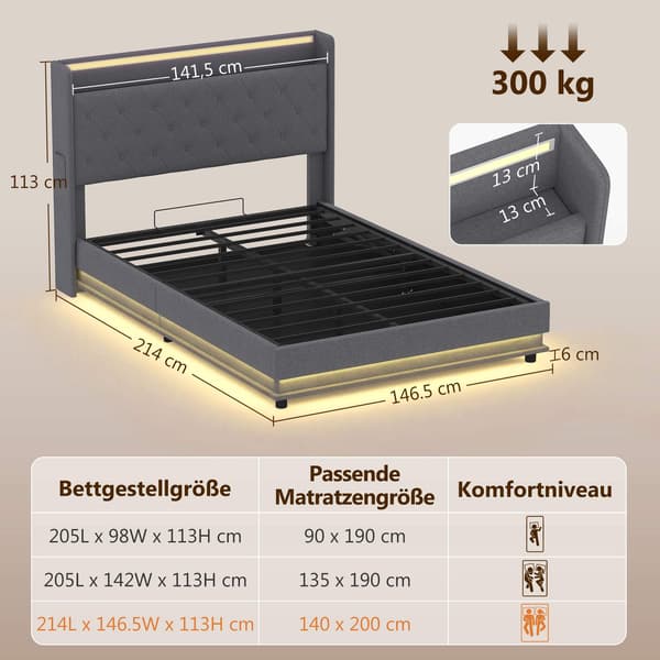 Platformssengestel 140x200 cm med opbevaring og LED-lys