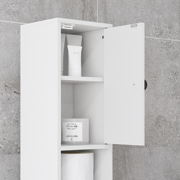 Badeværelsesskab, 4 hylder, skuffe, spånplade, slim design, hvid