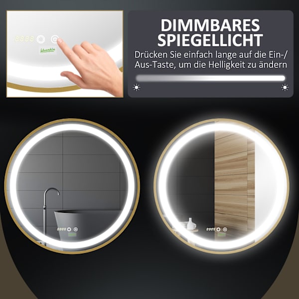 Vægspejl Dæmpbart Badeværelsesspejl Med Led Lys, Hukommelsesfunktion Og Tidsvisning, Ip44, Aluminiumslegering, 60X60Cm