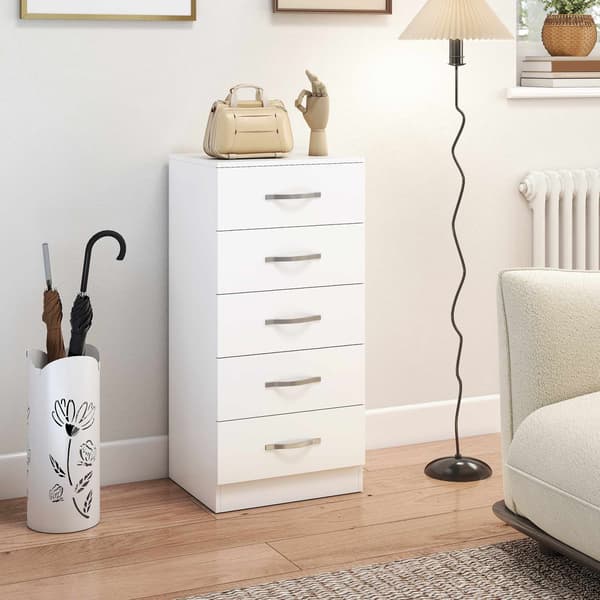 Hvid kommode med 5 skuffer, spånplade, pladsbesparende design