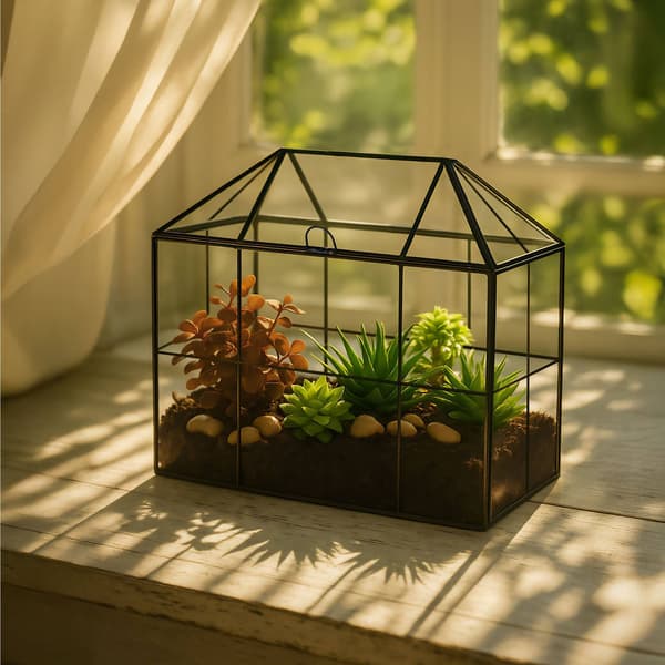 Glashusformat terrarium för krukväxter