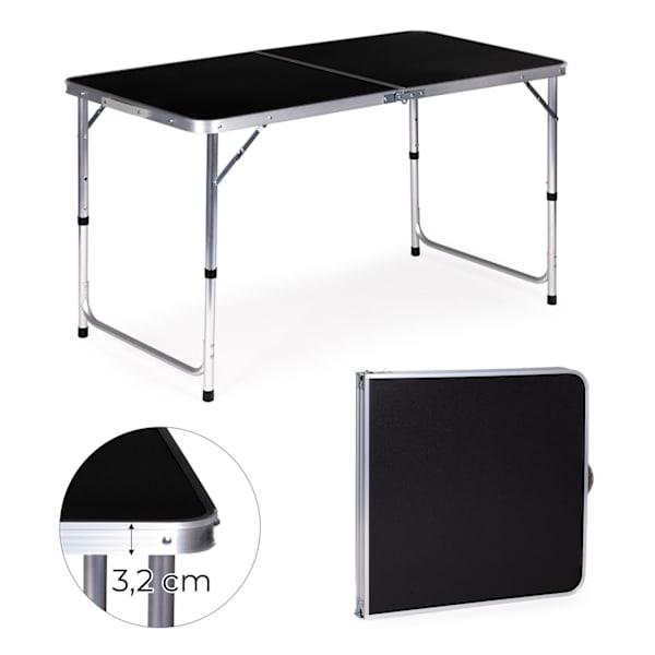Turistbord foldbart campingbord sort plade 120 x 60 cm