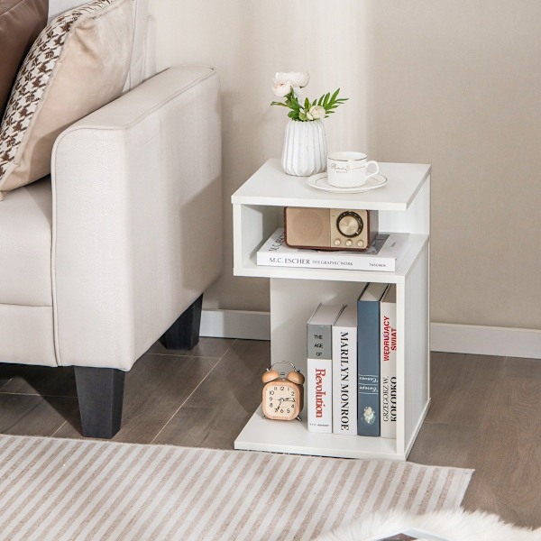 S-formet sidebord med 2 åbne rum moderne sengebord 33 x 33 x 50 cm hvid