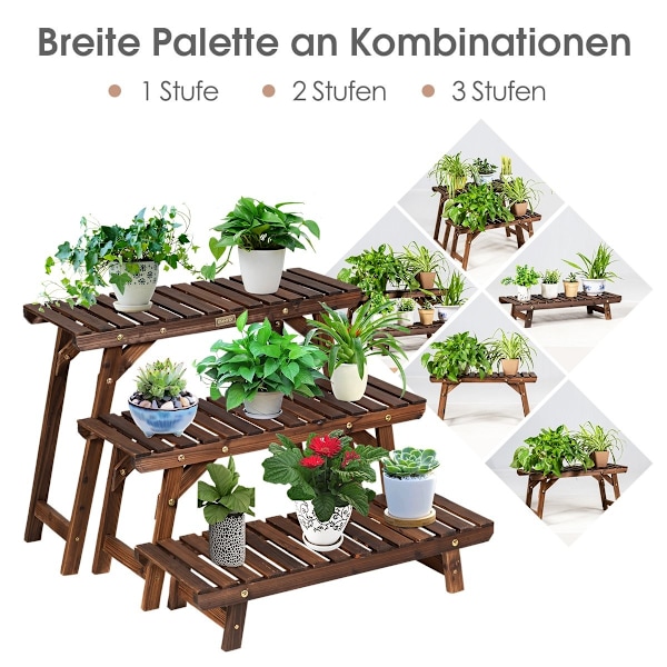 Växtställ i trä 3-vånings hörnväxthylla 3-delat. Brunt blomsterställ