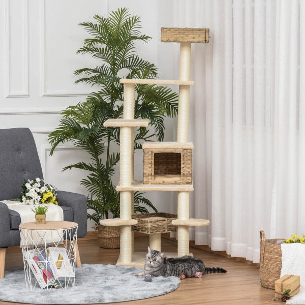 Rattan Kradsestolpe Klatretræ Kat Med Kattehule Multi-Tier Katte