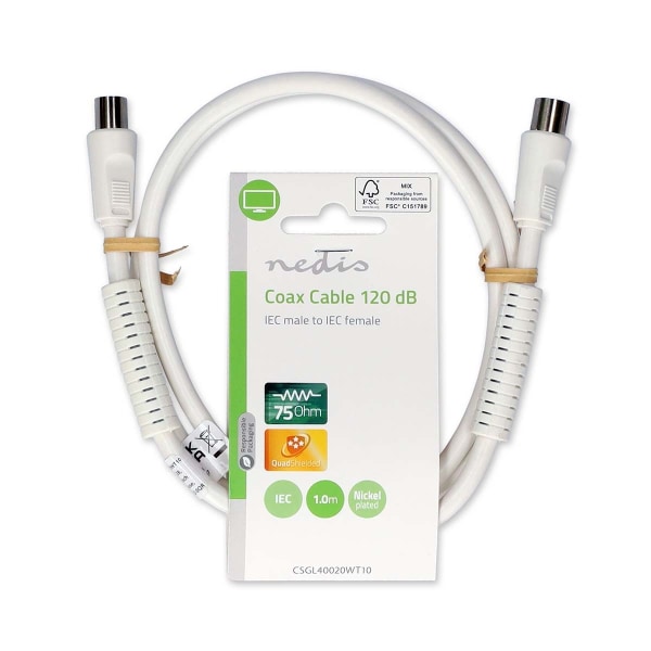 Coax Cable | IEC (Coax) Han | IEC (Coax) Hun | Nikkelplateret | 120 dB | 75 Ohm | Quad Skærmet | 1.00 m | Runde | PVC | Hvid | Label
