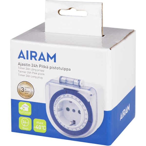 Airam TIMER IP44, 24H, lång kontakt