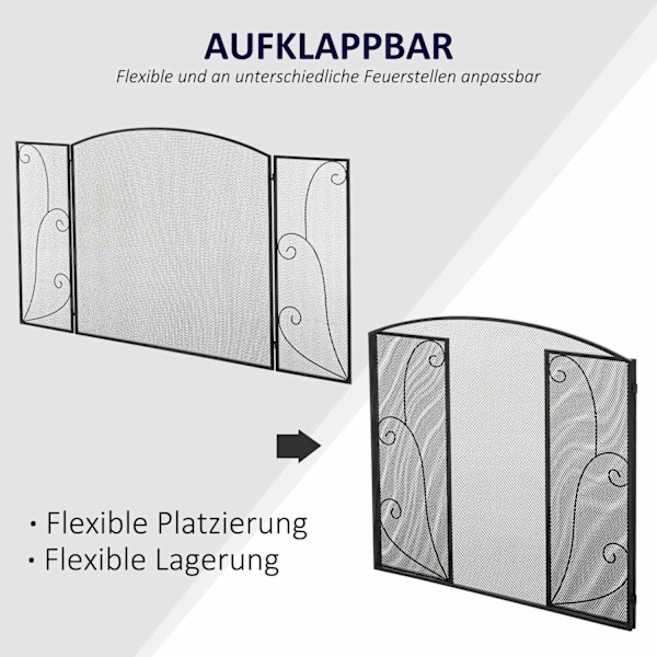 Pejsegitter, Pejsbeskyttelsesgitter Med 3 Paneler, Foldegnistbeskyttelsesgitter, Ovnbeskyttelsesgitter Til Stue, Metal, Sort 132,5 X 76,5 Cm