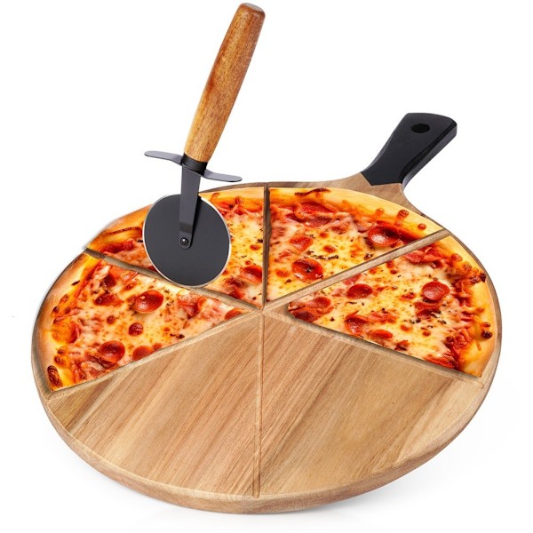 Träskärbräda för Pizza med Stålkniv och Skärspår