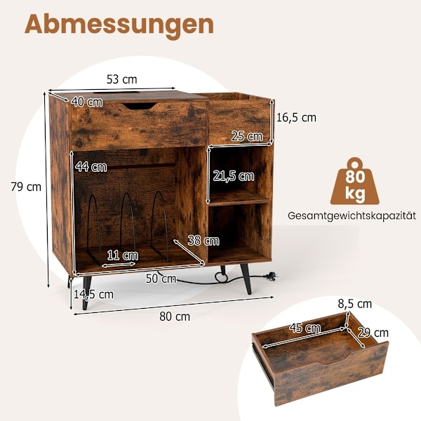 Levysoitinteline levykaappi, jossa liitäntä ja USB & Type C 79,5 x 40 x 79 cm Rustiikki ruskea