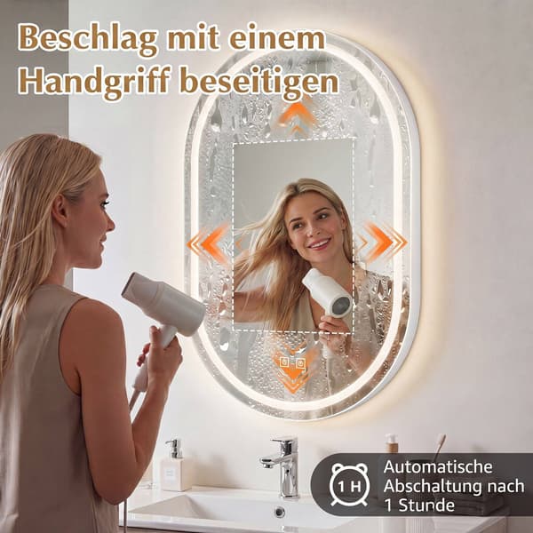 Oval LED-badrumsspegel med imskydd och justerbar belysning