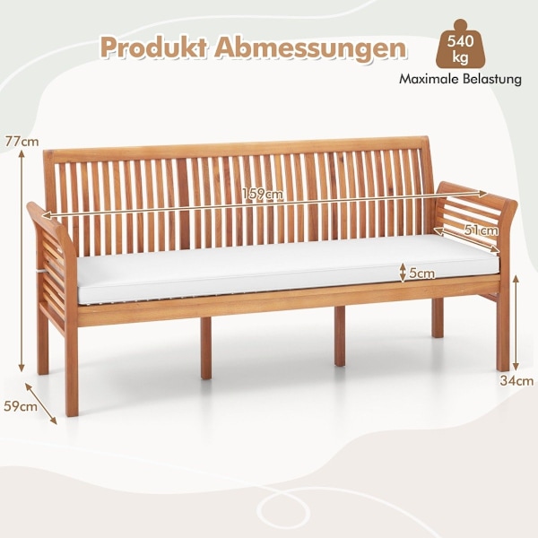 Patiopuinen penkki pehmeillä istuintyynyillä ja ergonomisella selkänojalla ulkopenkki
