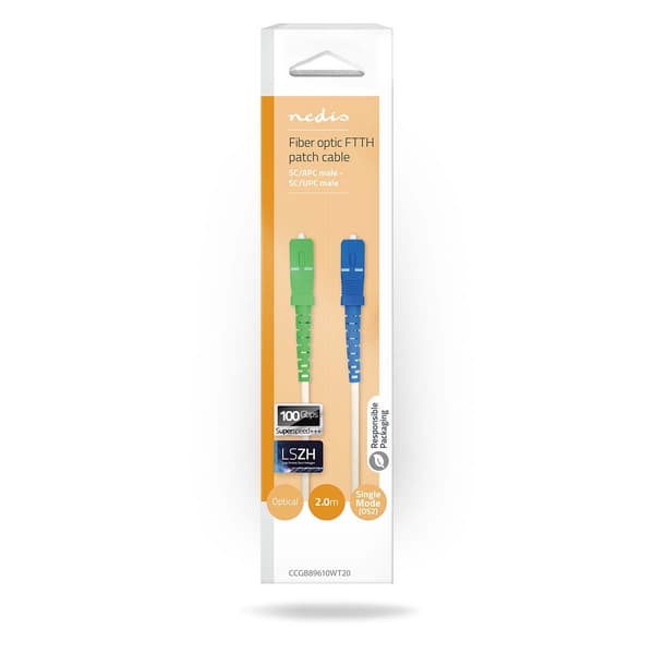 Glasfiber Patch-kabel | SMF (Single Mode Phase) | SC/APC | SC/UPC | 100 Gbps | 2,00 m | Vit | Presentförpackning med Eurolås