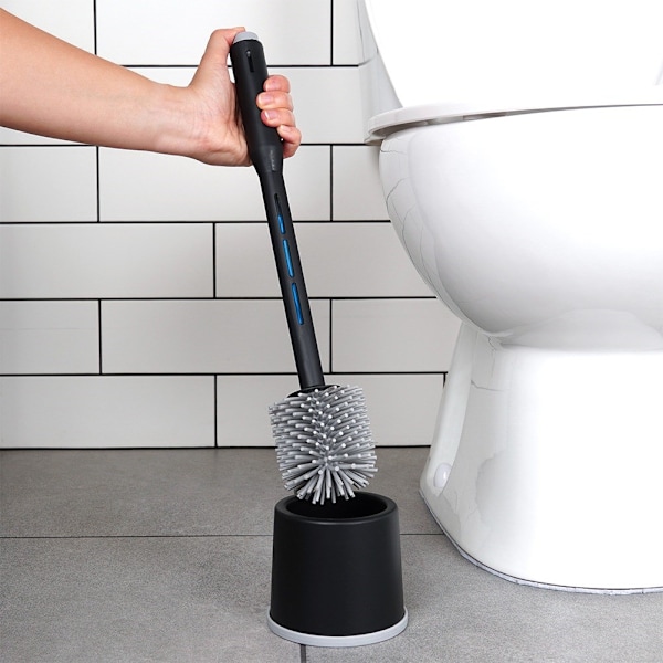 Silikone toiletbørste med stativ og væskedispenser sort 40 cm