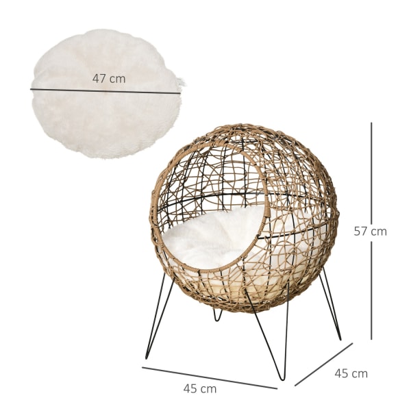 Rattan Cat Basket Kissaluola Tyynyllä Korotettu Design Lemmikkisänky Ruskea Ø45X57H Cm