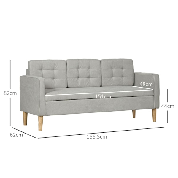 3-personers sofa, 3-personers sofa med opbevaringsplads, armlæn, polstret sofa, til stue, soveværelse, 166,5 x 62 x 82 cm, lysegrå