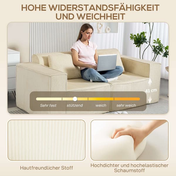3-sitssoffa, manteltyg, breda armstöd, 2 kuddar, beige