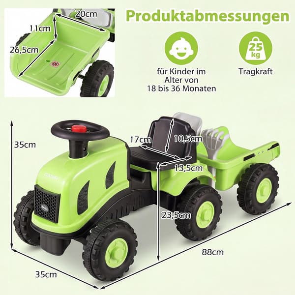 Åkbil för småbarn med släpvagn och gåstol, grön