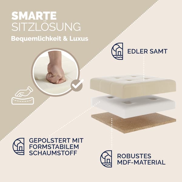 Beige fløjls foldbar skammel med opbevaring