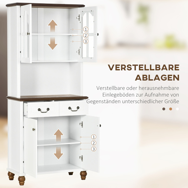 Keittiön Kaappi, Keittiön Buffet 2 Laatikolla, Korkea Kaappi Avolokerolla, Vitriinikaappi Pehmeällä Sulkemistoiminnolla 76 X 38 X 182 Cm, Valkoinen