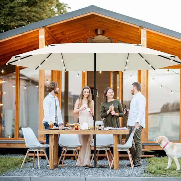 Sateenvarjo Led-Kaksoisvarjolla 440 X 260 Cm Puutarhasateenvarjo Market Sateenvarjo Suuri Patiosateenvarjo Käsikammalla Soikea Metallinen Kermanvalkoi