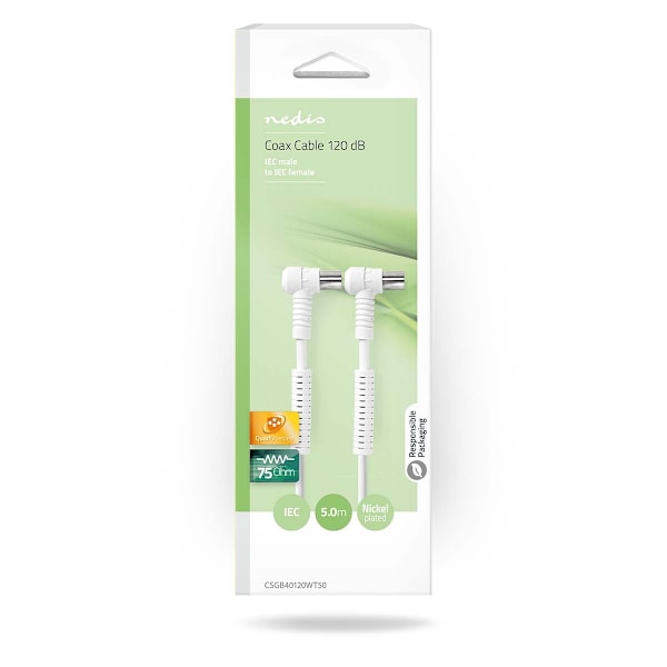 Koaxialkabel | IEC (Koax) Hane | IEC (Koax) Hona | Nickelplaterad | 120 dB | 75 Ohm | Fyra skydd | 5.00 m | Rund | PVC | Vit | Låda