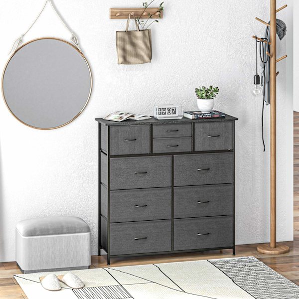 Byrå, förvaringsskåp med 10 hopfällbara tyglådor, skänk i modern stil för vardagsrum, sovrum, stål, svart