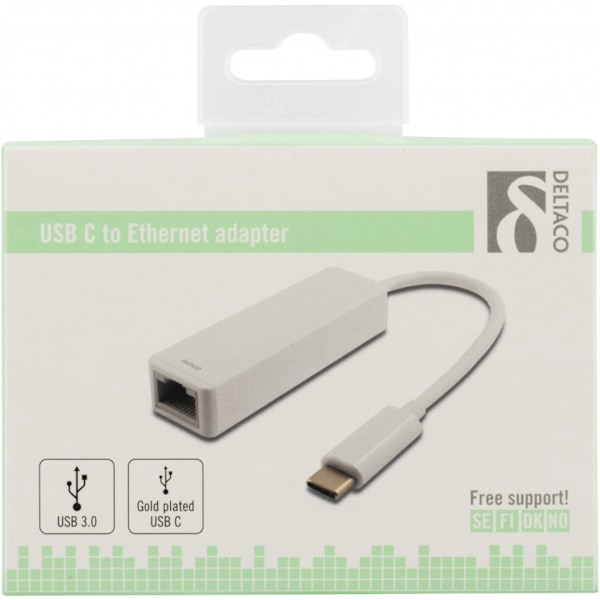 DELTACO USB 3.1 netværksadapter, Gigabit, 1xRJ45, USB Type C, hvid Hvid