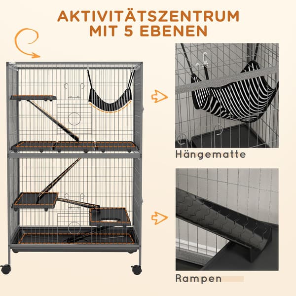 Bur til gnavere multifunktionel 4 platforme 3 ramper 4 døre dim. 80L x 52W x 128H cm Stål Grå Sølv Sort